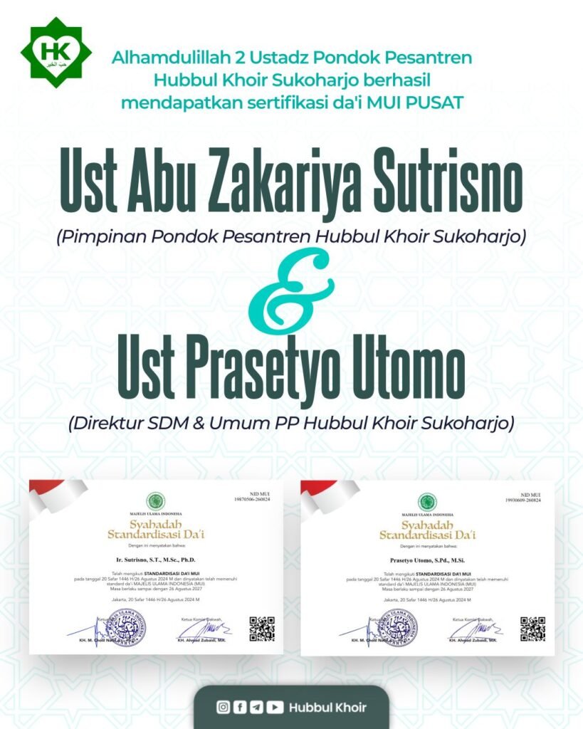 Alhamdulillah 2 ustadz Pondok Pesantren Hubbul Khoir Sukoharjo berhasil mendapatkan sertifikasi da'i MUI PUSAT